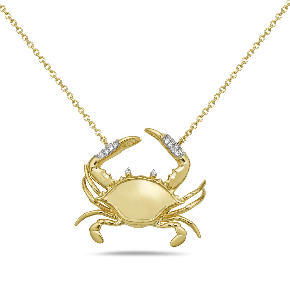 14K HAND MADE ENAMEL BLUE CRAB PENDANT WITH 18 DIAMONDS 0.065CT ON 18 INCHES CABLE CHAIN