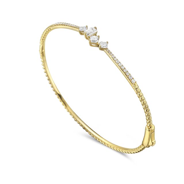 14k bangle with 24 round diamonds 0.20ct, 3 asscher 0.41ct & 1 emerald cut 0.31ct t.w. 0.92ct
