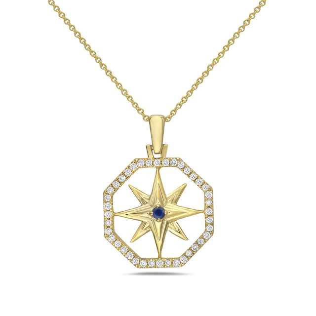 14k 16mm hexagon shape compass pendant with 1 sapphire 0.03ct & 40 diamonds 0.23ct on 18 inches cable chain