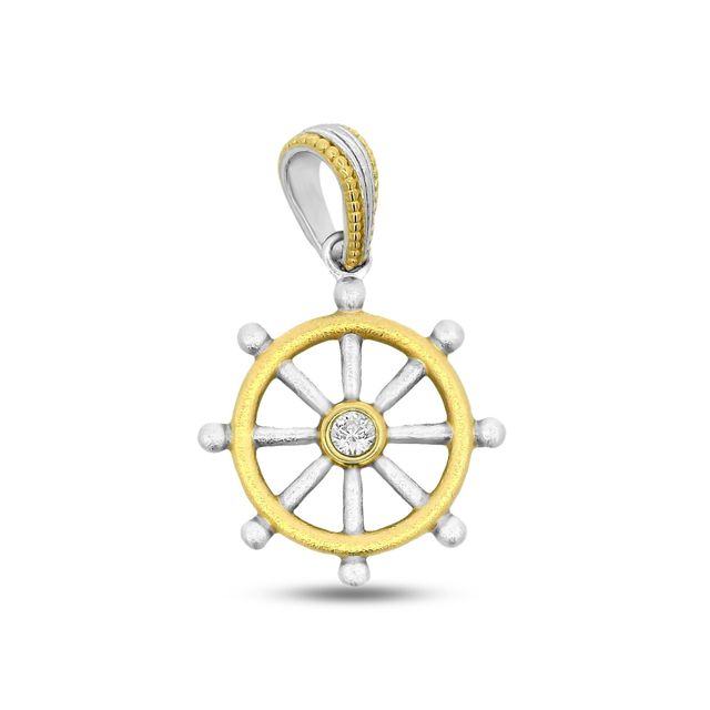 29mm x 19mm Sterling silver w/ gold plate ship's wheel with cz center