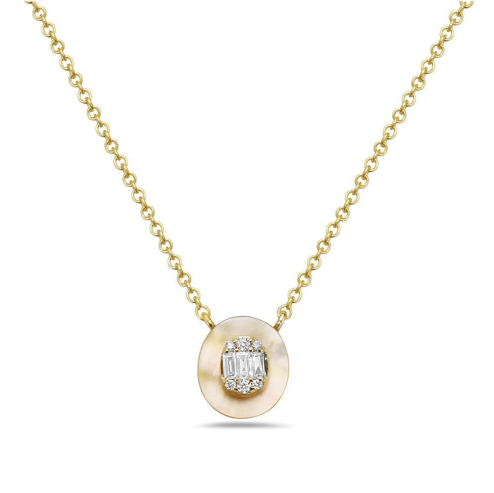 14K YELLOW MOTHER OF PEARL PENDANT WITH 9 DIAMONDS 0.73CT ON 18 INCHES CABLE CHAIN