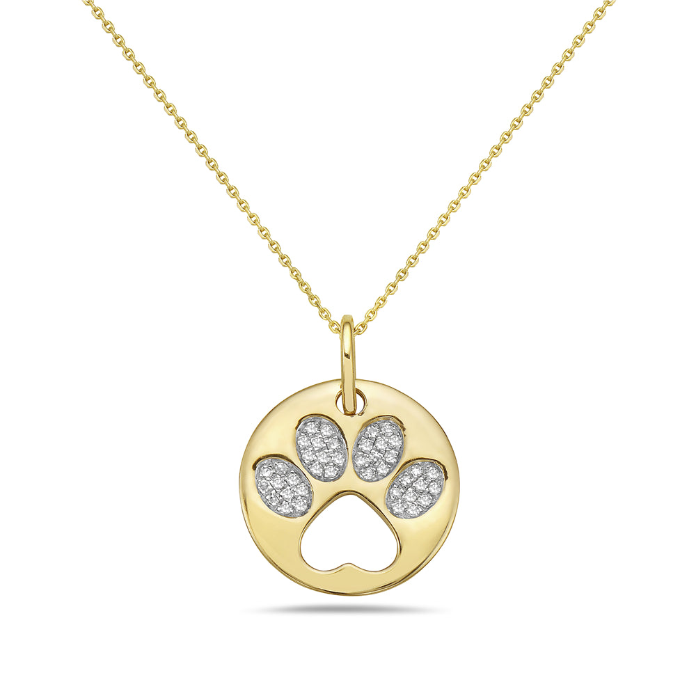 14KY 40 DIAMONDS 0.12CT BABY DOG PAW DISC PENDANT (4 TOES WITH DIAMONDS) ON 18" CHAIN