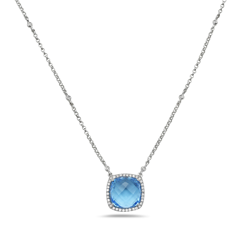 14K CUSHION PENDANT WITH 11.5MM CUSHION SKY BLUE TOPAZ 7.74CT & 42 DIAMONDS 0.22CT ON 18 INCHES CABLE CHAIN