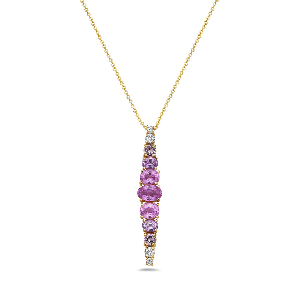14K MOVABLE PENDANT WITH 5 PINK SAPPHIRES 2.16CT & 4 DIAMONDS 0.24CT, 35MM LONG ON 18 INCHES CABLE CHAIN