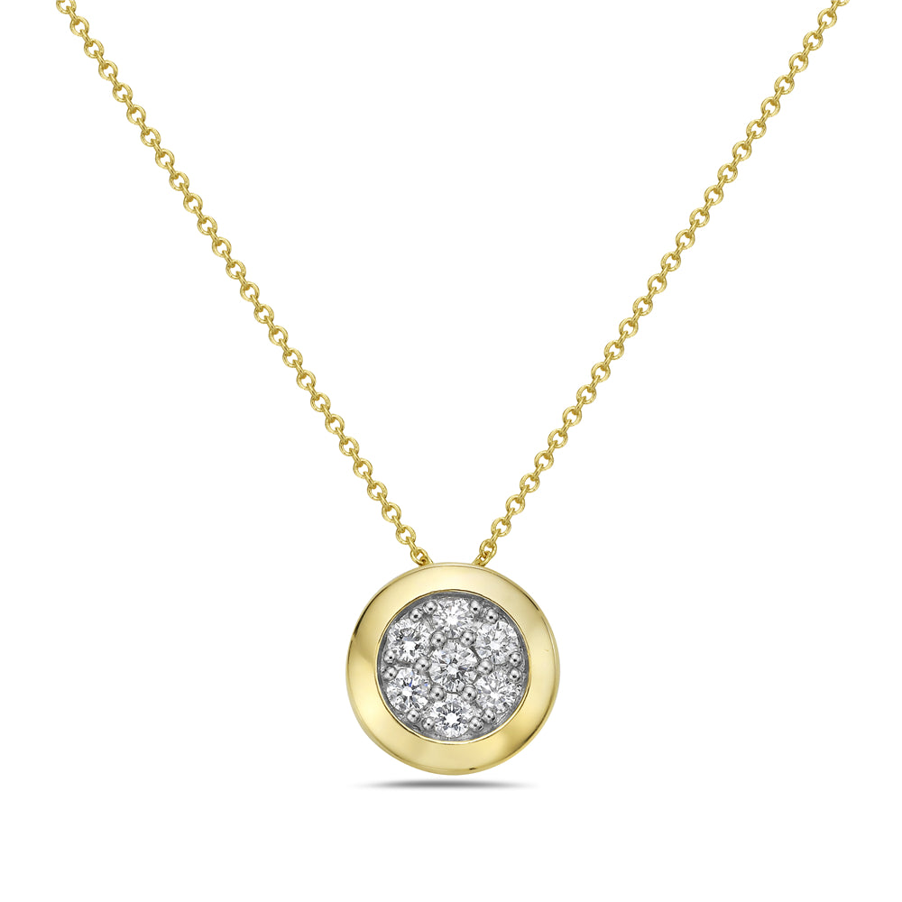 14K 10MM ROUND PENDANT WITH 7 DIAMONDS 0.25CT ON 18 INCHES CABLE CHAIN