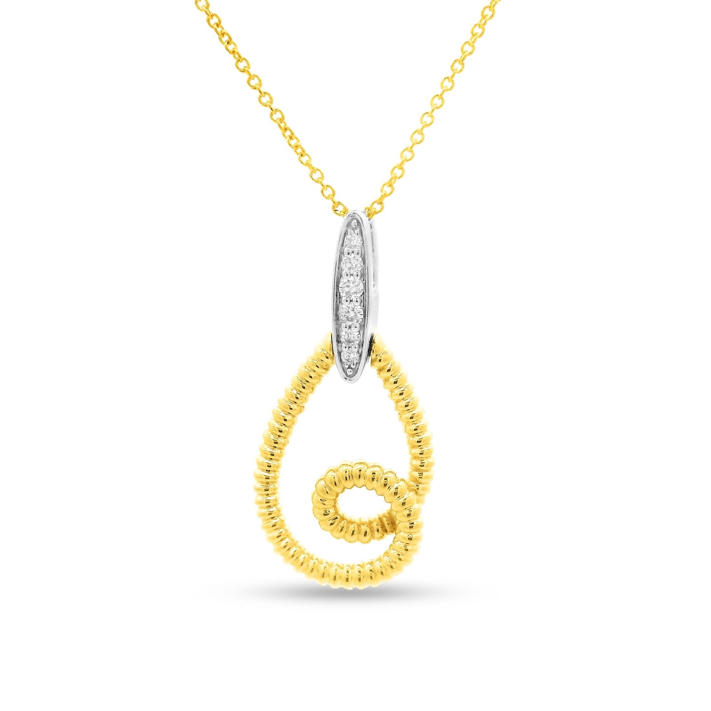 14KY SWIRLY OVAL PENDANT 6 DIAMONDS 0.08CT ON 18 INCHES CABLE CHAIN