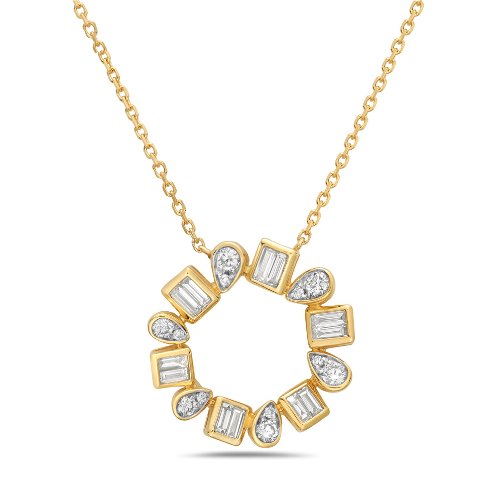 14ky 20mm round necklace with 12 baguette diamonds 0.51ct & 12 round 0.39ct 18 inches