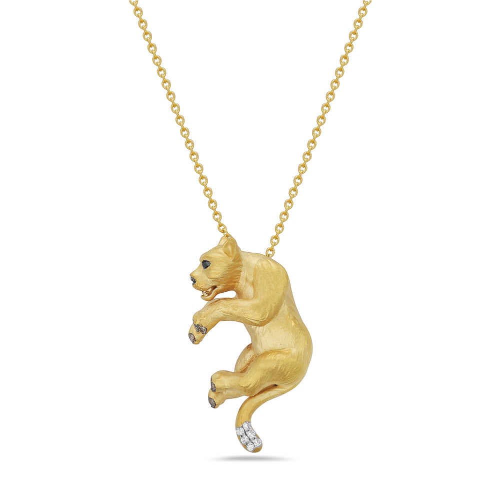 14k 26x14mm puma pendant with 6 diamonds 0.04ct, 2 black diamonds 0.01ct & 13 brown diamonds 0.08ct on 18 inches cable chain