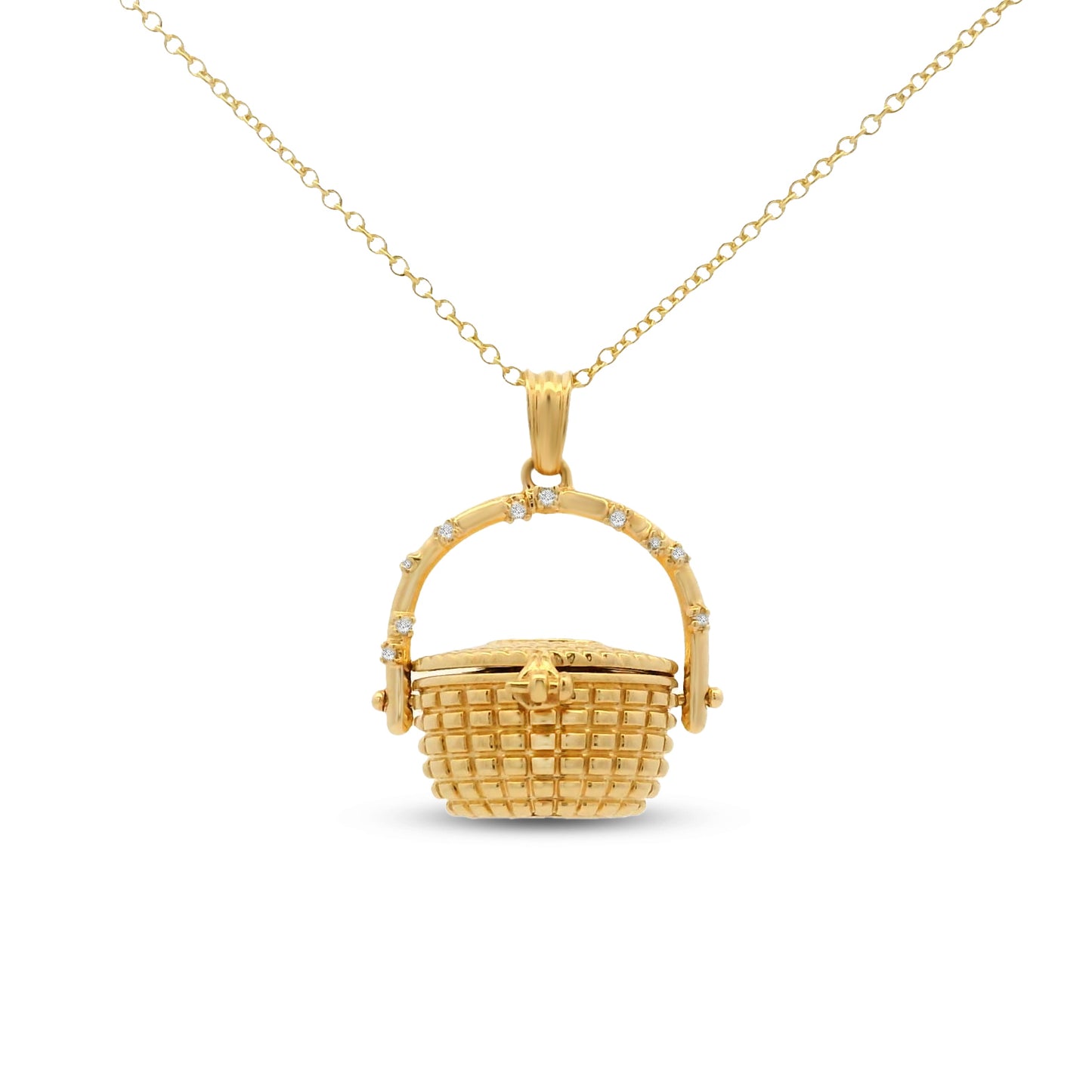 14KY shallow basket necklace with 0.03 ct diamonds on the handle