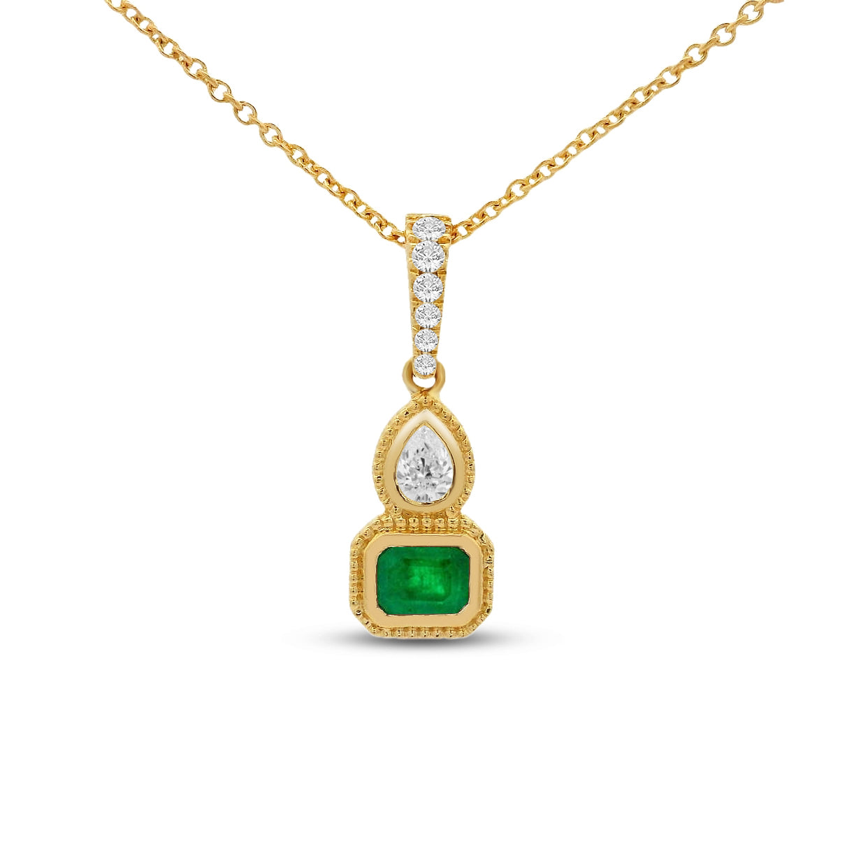 14k 17mm long pendant with 6 round diamonds 0.04ct, 1 pear shape 0.06ct & 1 ec emerald 0.13ct on 18 inches chain