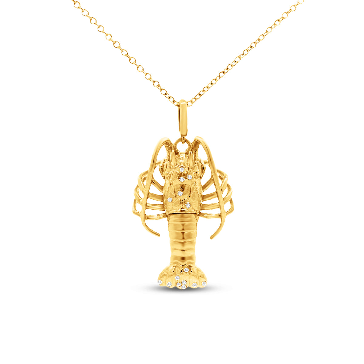 14KY 25mm x18mm Florida Keys Lobster pendant 15 diamonds 0.05 ct 18 inches chain