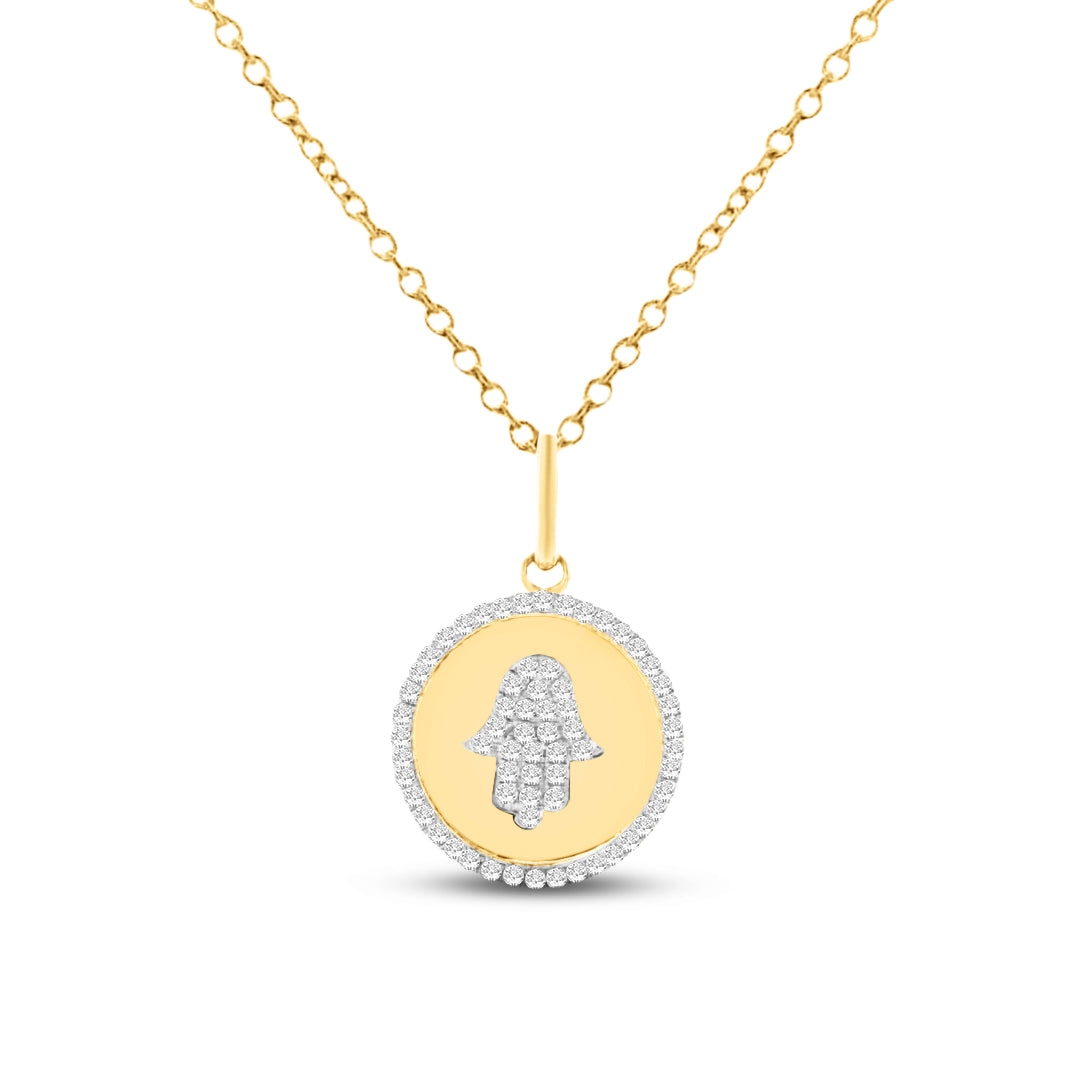 14KY 12mm Hand of God pendant with 65 diamonds 0.21ct on 18 inch cable chain