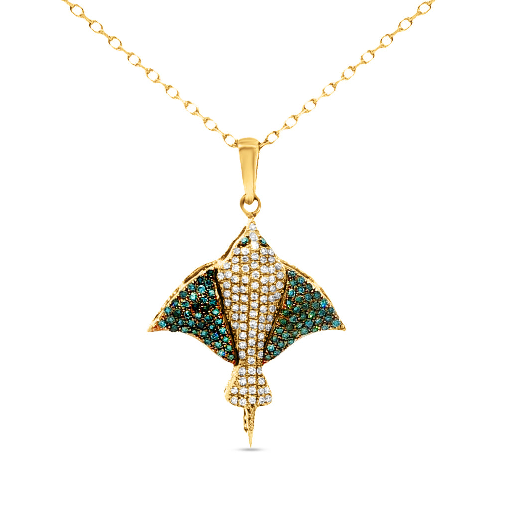20x18mm 14K manta ray pendant with 85 diamonds 0.14ct and blue diamonds 0.16ct on 18 inch cable chain