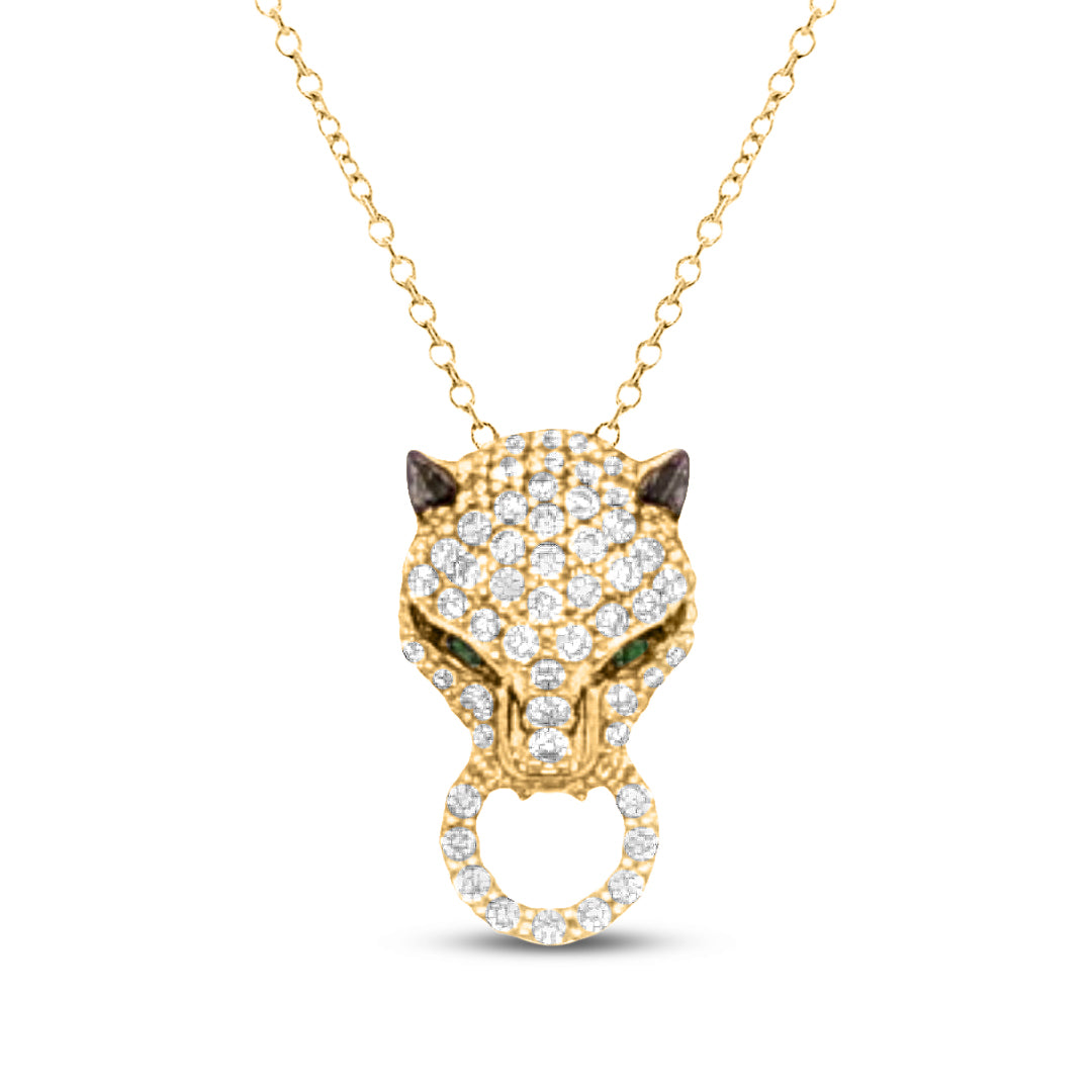 14k 18x9mm panther pendant with 70 diamonds 0.46ct & 2 emeralds 0.01ct on 18 inches chain