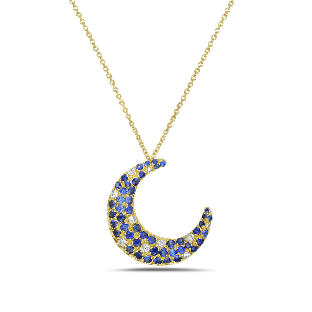 14k moon pendant with 10 diamonds 0.08ct & 48 blue sapphires 0.49ct on 18 inches chain 5.5