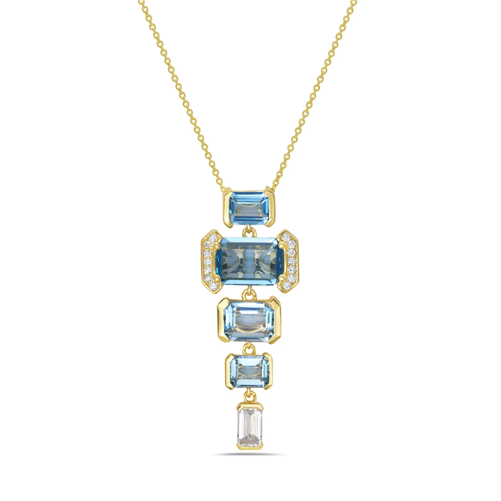 14k geometric shape pendant with 1 white topaz 0.33ct, 4 blue topaz 4.12ct & 14 diamonds 0.07ct on 18 inches chain 5.5