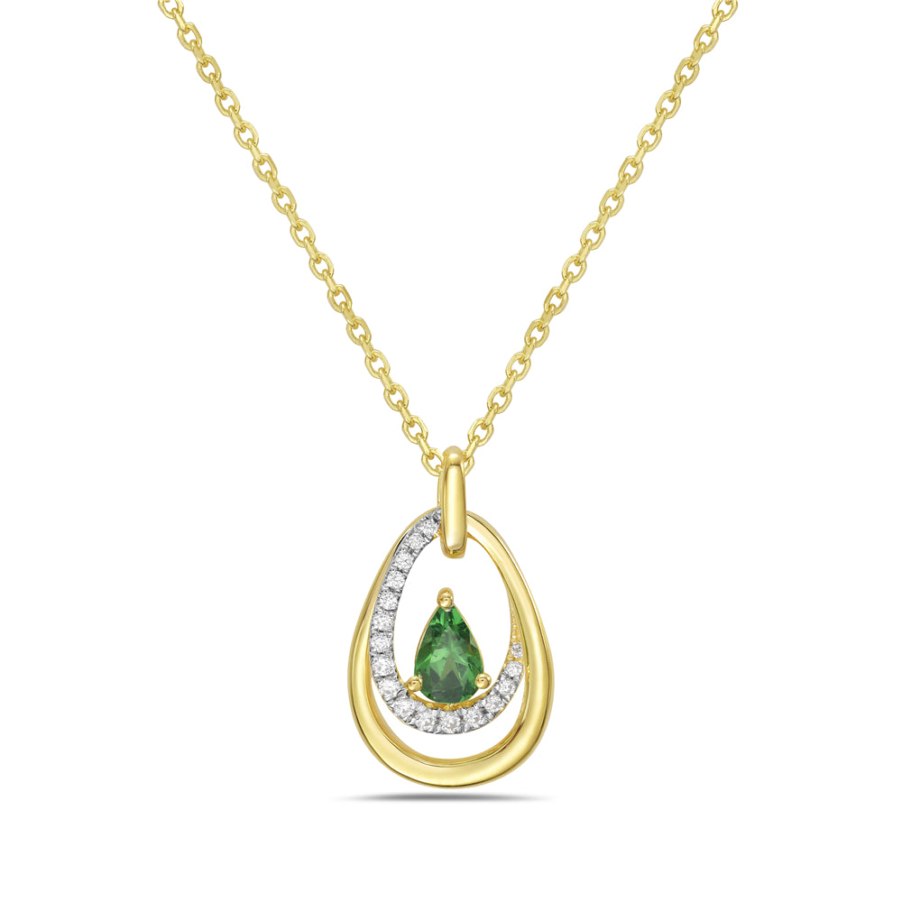 14KY necklace with 1 green garnet 0.40ct and 17 diamonds 0.10ct tw 5.5