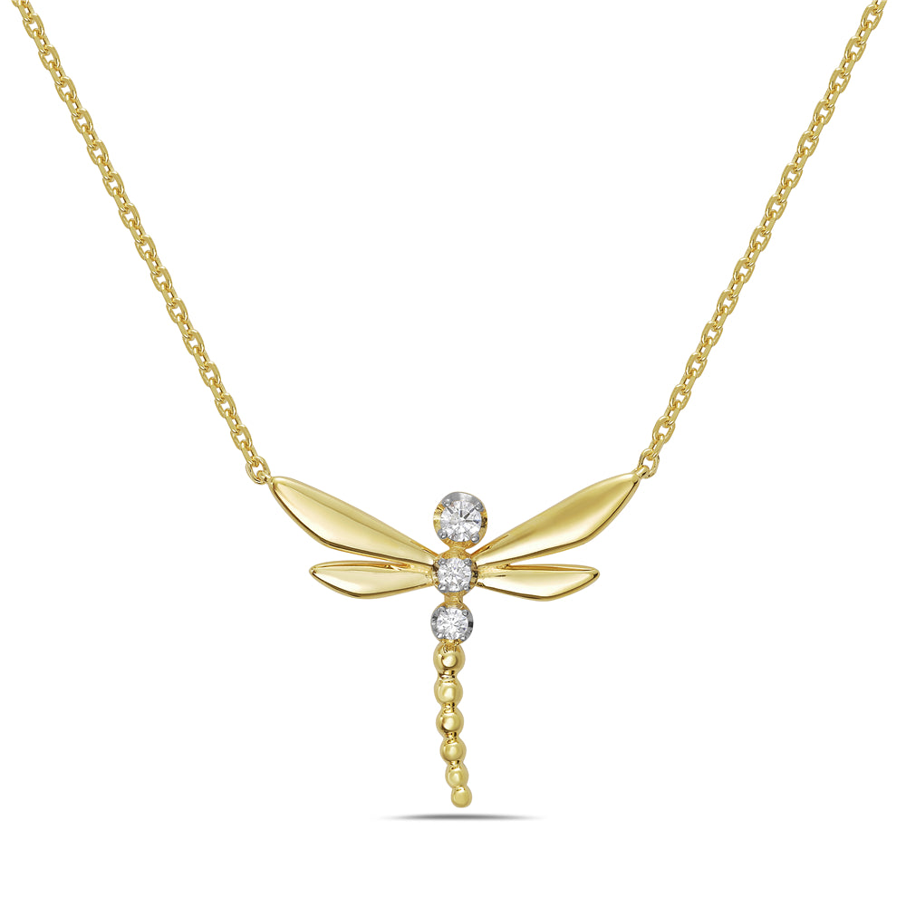 14KY dragonfly necklace with 3 round diamonds 0.09ct tw 5.5