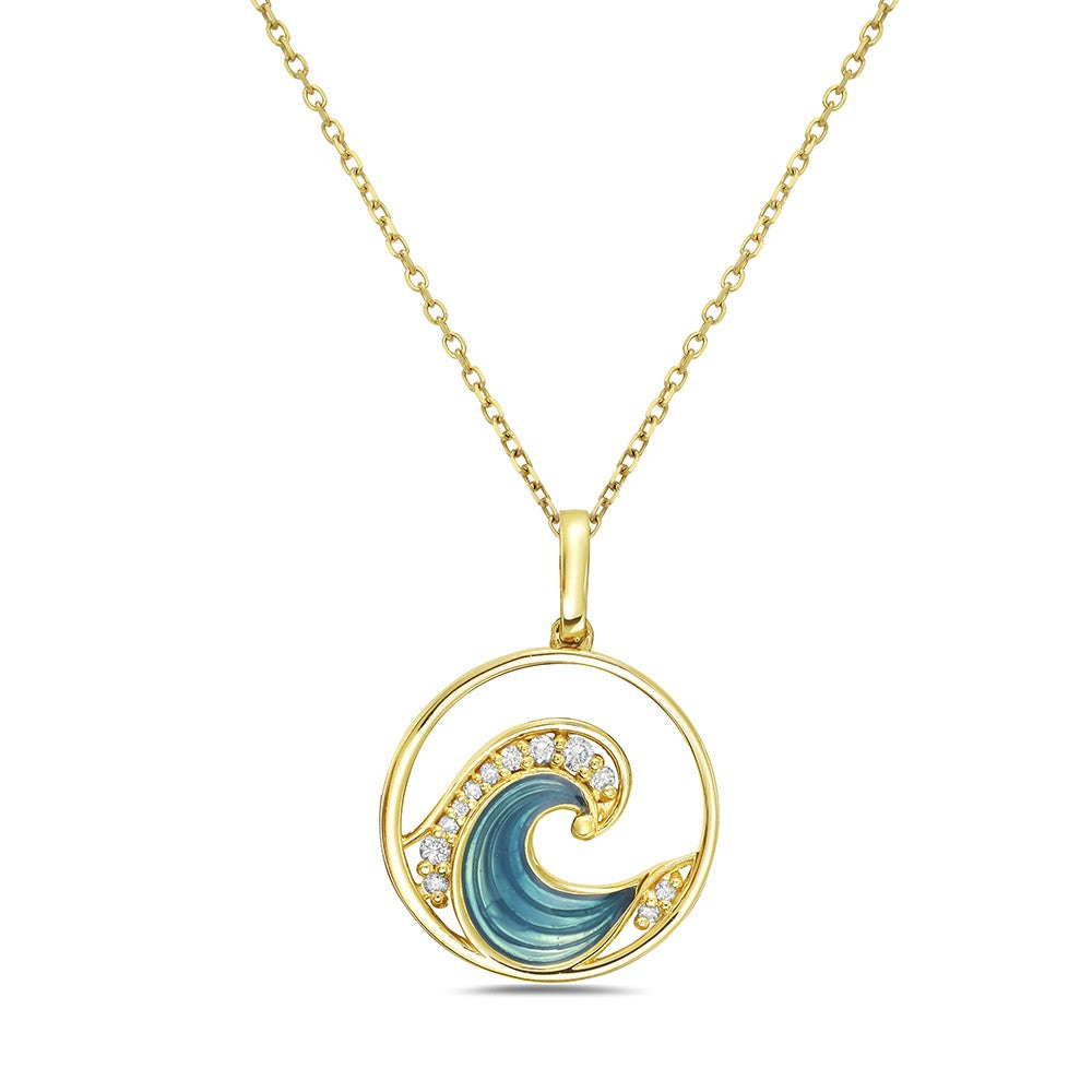 "Elegant Wave" Necklace in 14K Gold with Blue Enamel & Diamonds