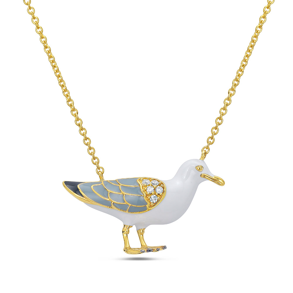"Seagull Style" Necklace in 14K Gold, Enamel & Diamonds