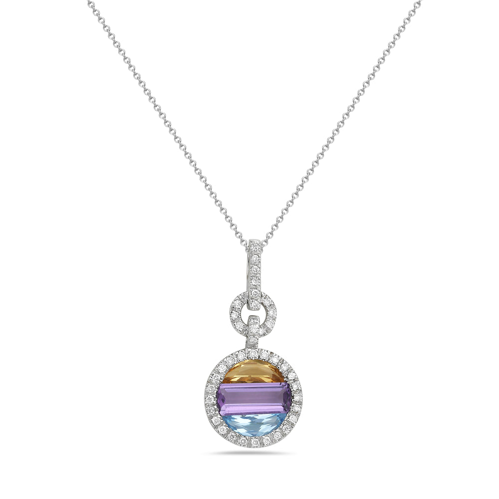 14K 12MM ROUND PENDANT WITH 43 DIAMONDS 0.17CT, CITRINE 0.34CT, BLUE TOPAZ 0.42CT & AMETHYST 0.64CT ON 18 INCHES 1.3G CABLE CHAIN