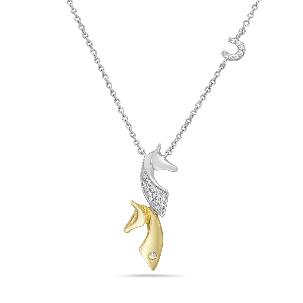 14K 2 TONE DOUBLE HORSE NECKLACE, 1" TALL WITH 27 DIAMONDS 0.12C, 18" CHAIN