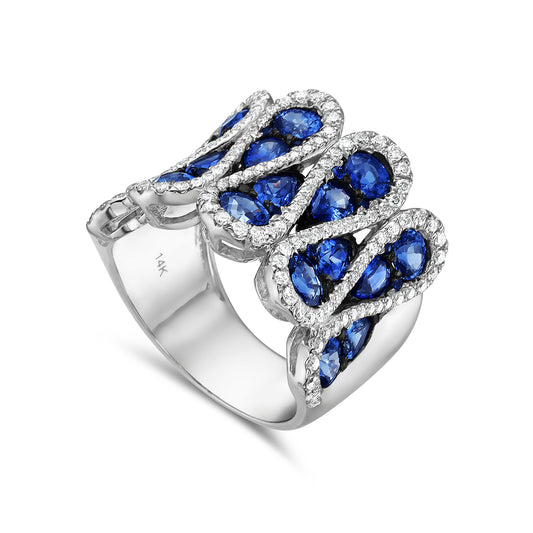 14K SCALLOPED RING WITH 135 DIAMONDS 0.68CT AND 36 SAPPHIRES 4.08CT