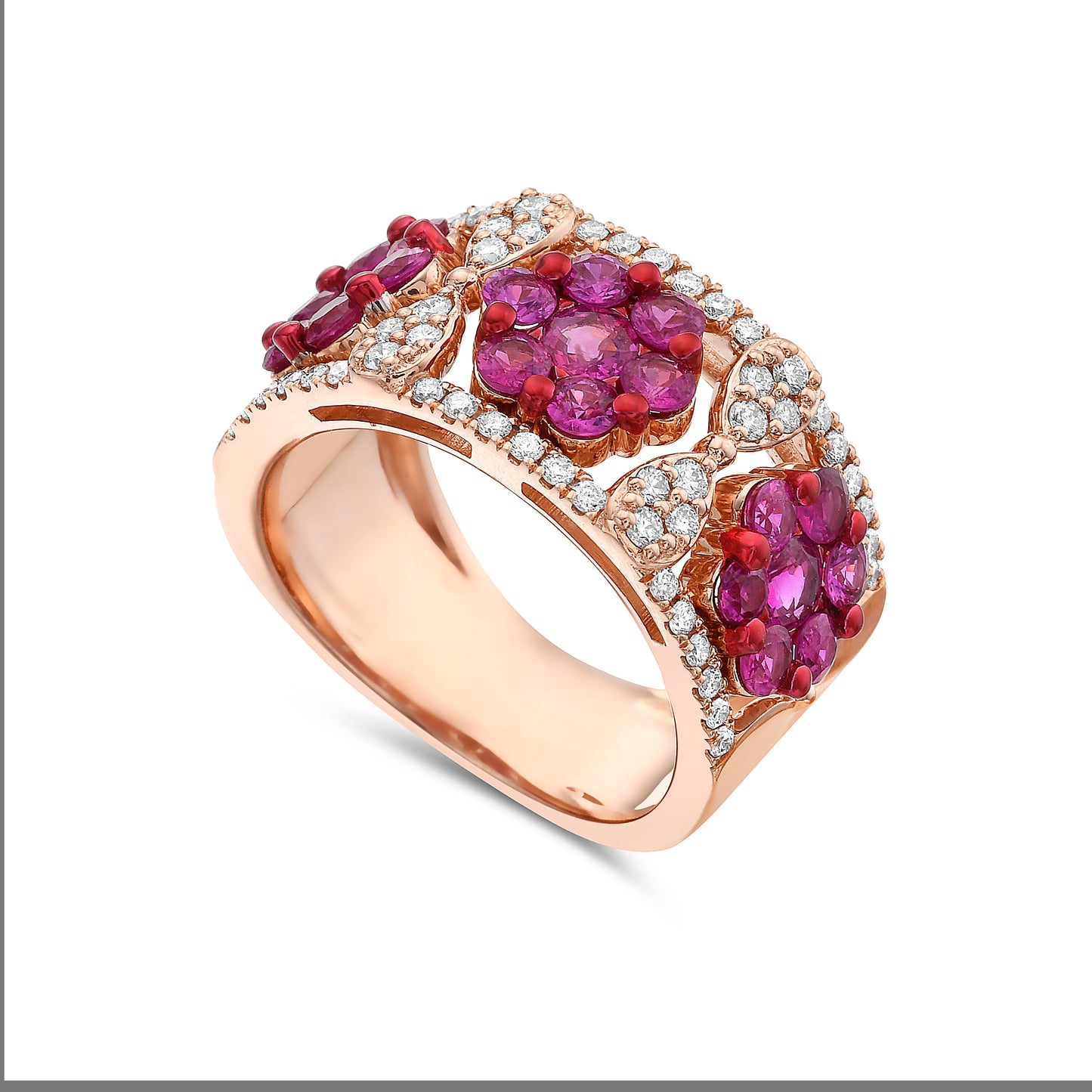 14KR 11MM BAND WITH 52 DIAMONDS 0.42CT, 21 RUBIES 1.99CT WITH RED RHODIUM