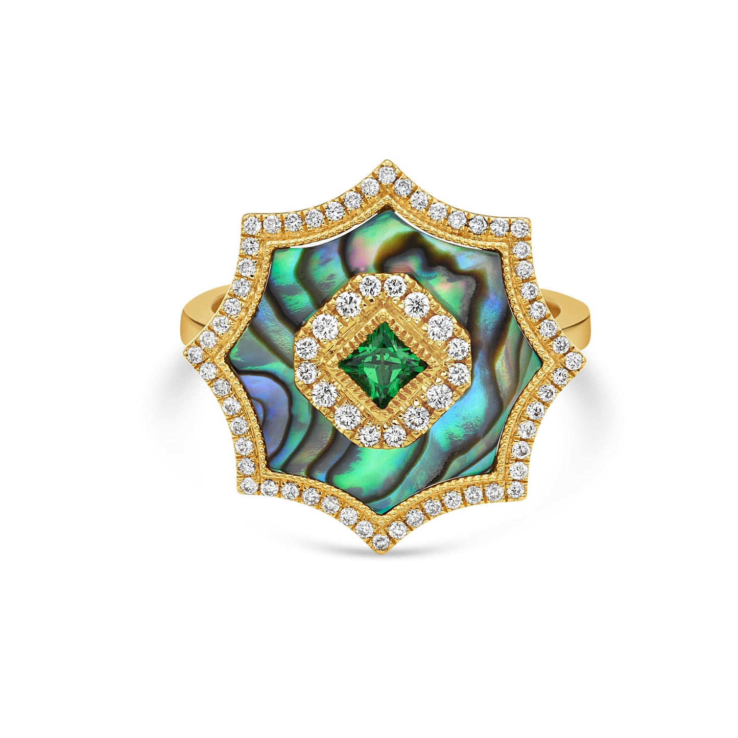 14K 18MM RING WITH 72 DIAMONDS 0.29CT, GREEN GARNET 0.17CT & INLAID ABALONE
