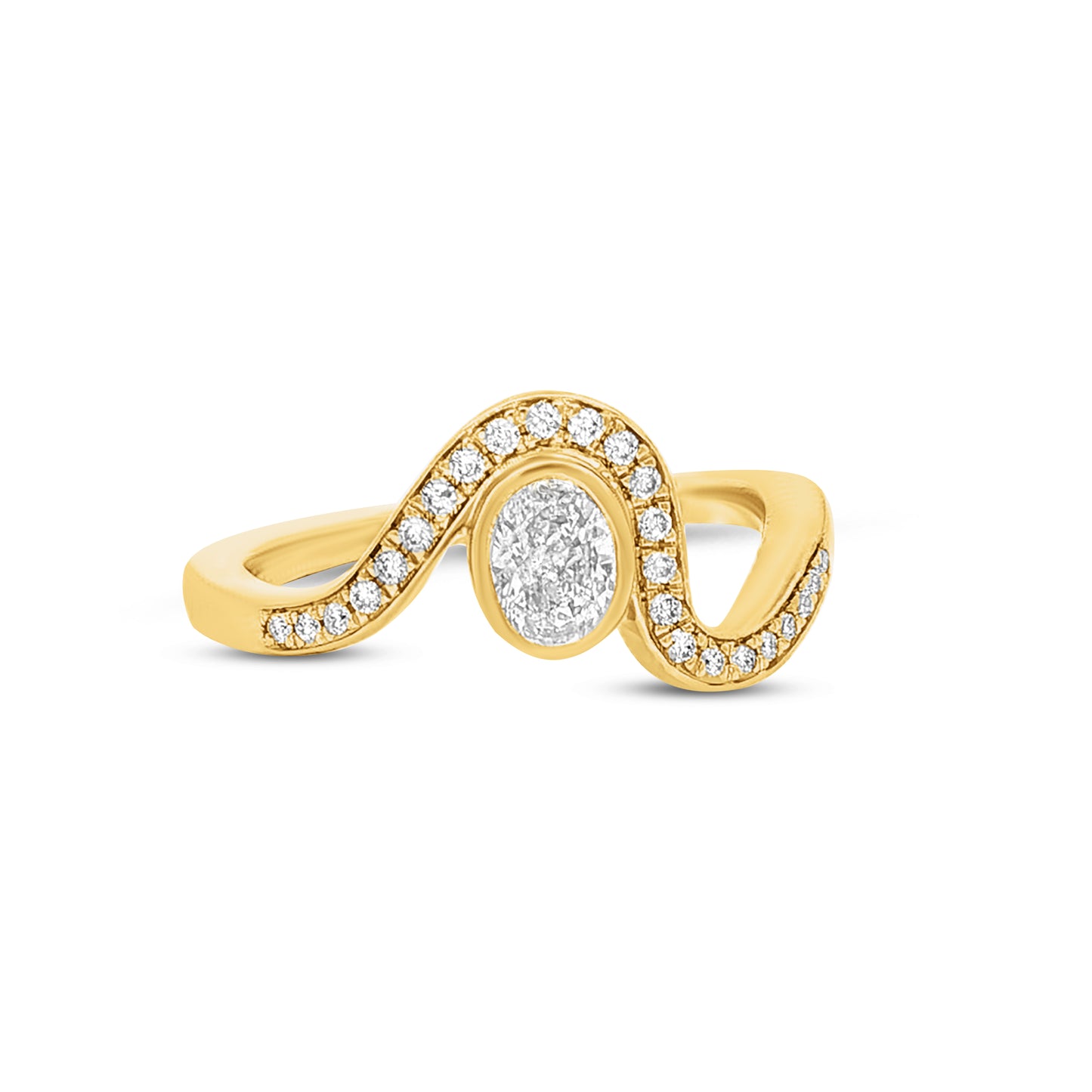14ky swirl design ring with 24 round diamonds 0.13ct & 1 oval diamond 0.30ct
