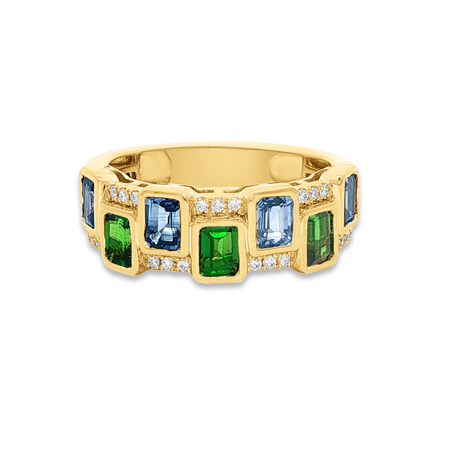 14k ring with 4 sapphires 1.60ct, 3 green garnet 0.60ct & 21 diamonds 0.11ct