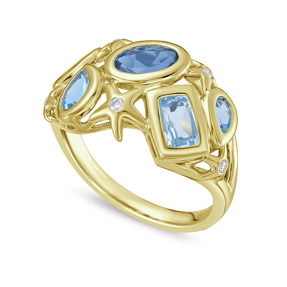 14k 11.50mm starfish ring with 5 diamonds 0.06ct, 1 london blue topaz,0.95ct, 2 sky blue 0.95ct & 2 swiss blue 0.84ct