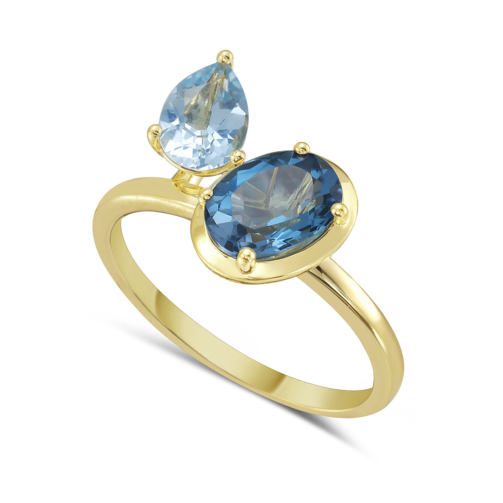 14KY ring with 1 London blue topaz 1.49ct and 1 smoky topaz 0.78ct 5.5