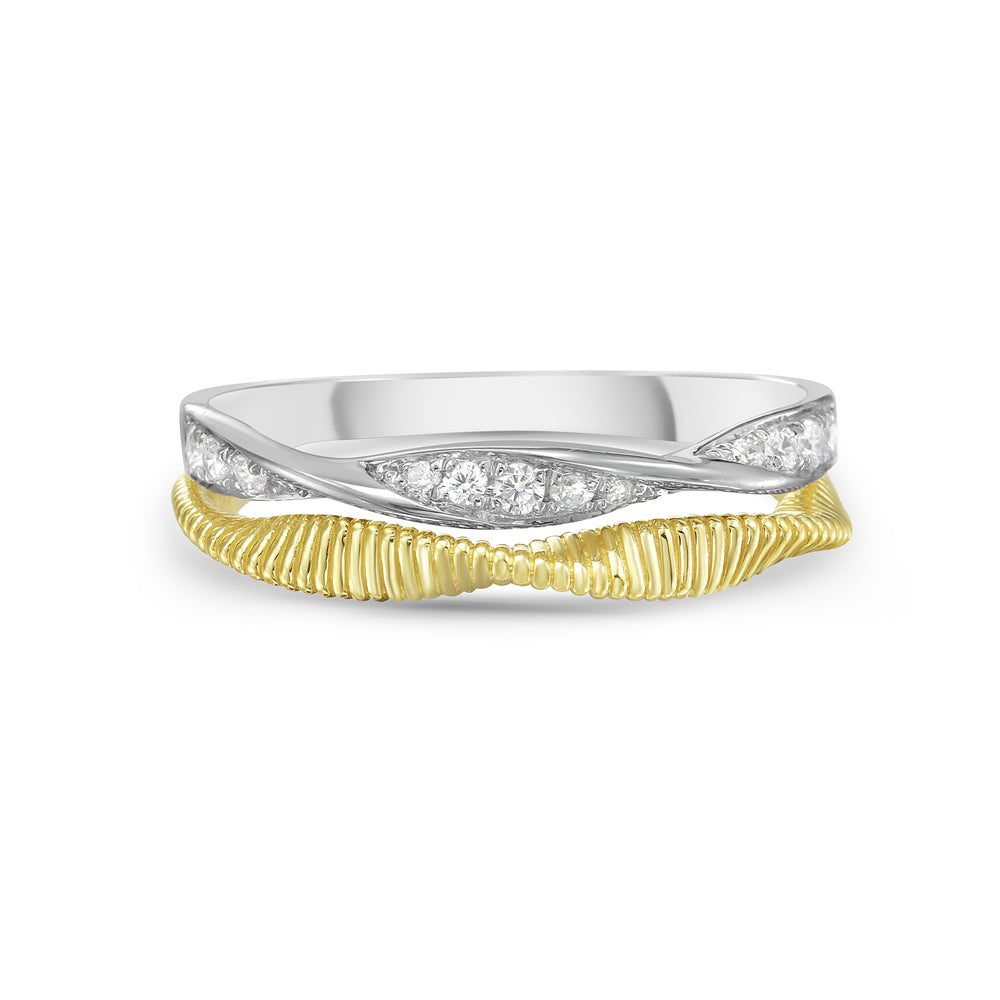 14KWY two tone twisted ring with 13 diamonds 0.15ct tw 5.5