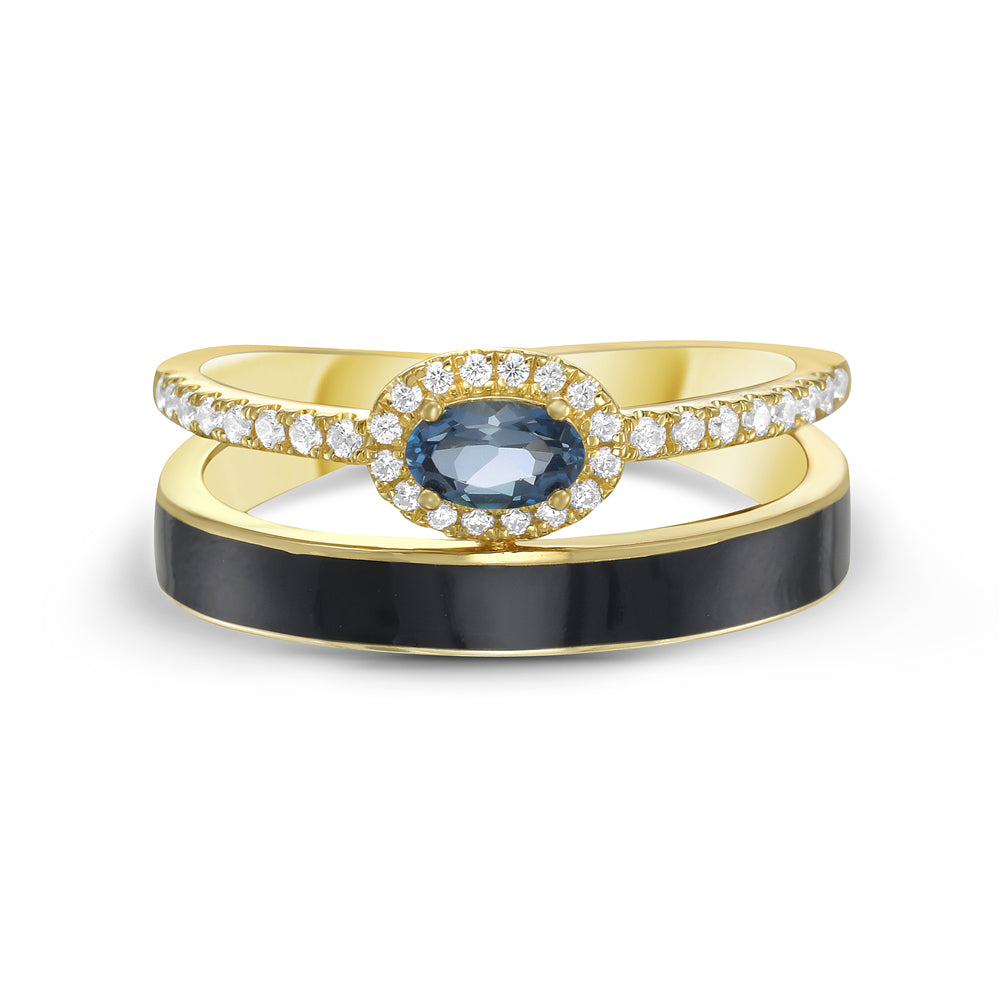 14KY dual band ring with 1 London blue topaz 0.30 ct and 32 diamonds 0.18ct tw 5.5
