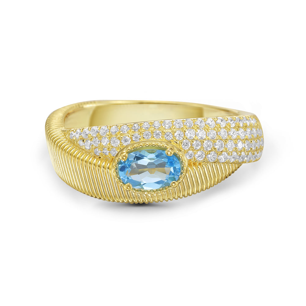 14KY ring with 1 blue topaz 0.48ct and 65 diamonds 0.32ct tw 5.5