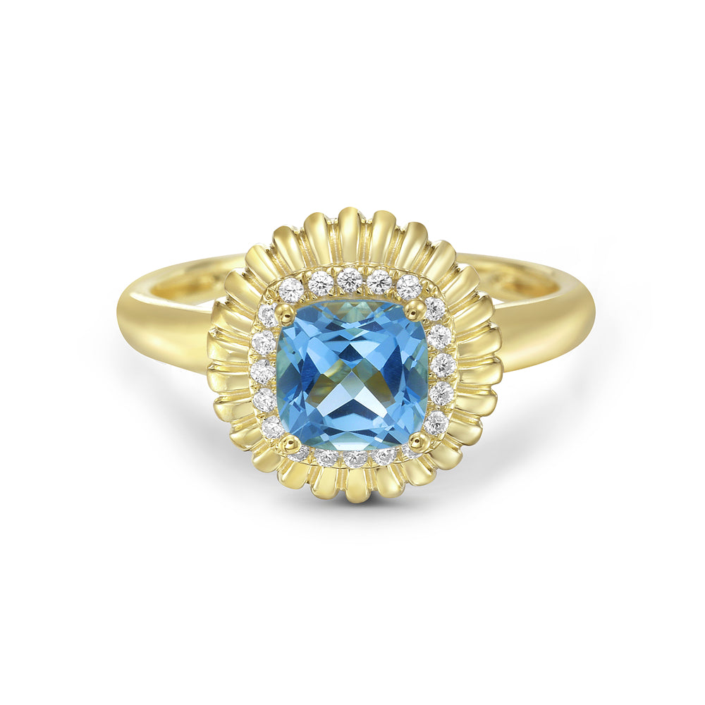 14KY ring with 1 blue topaz 1.19ct and 20 diamonds 0.1.ct tw 5.5