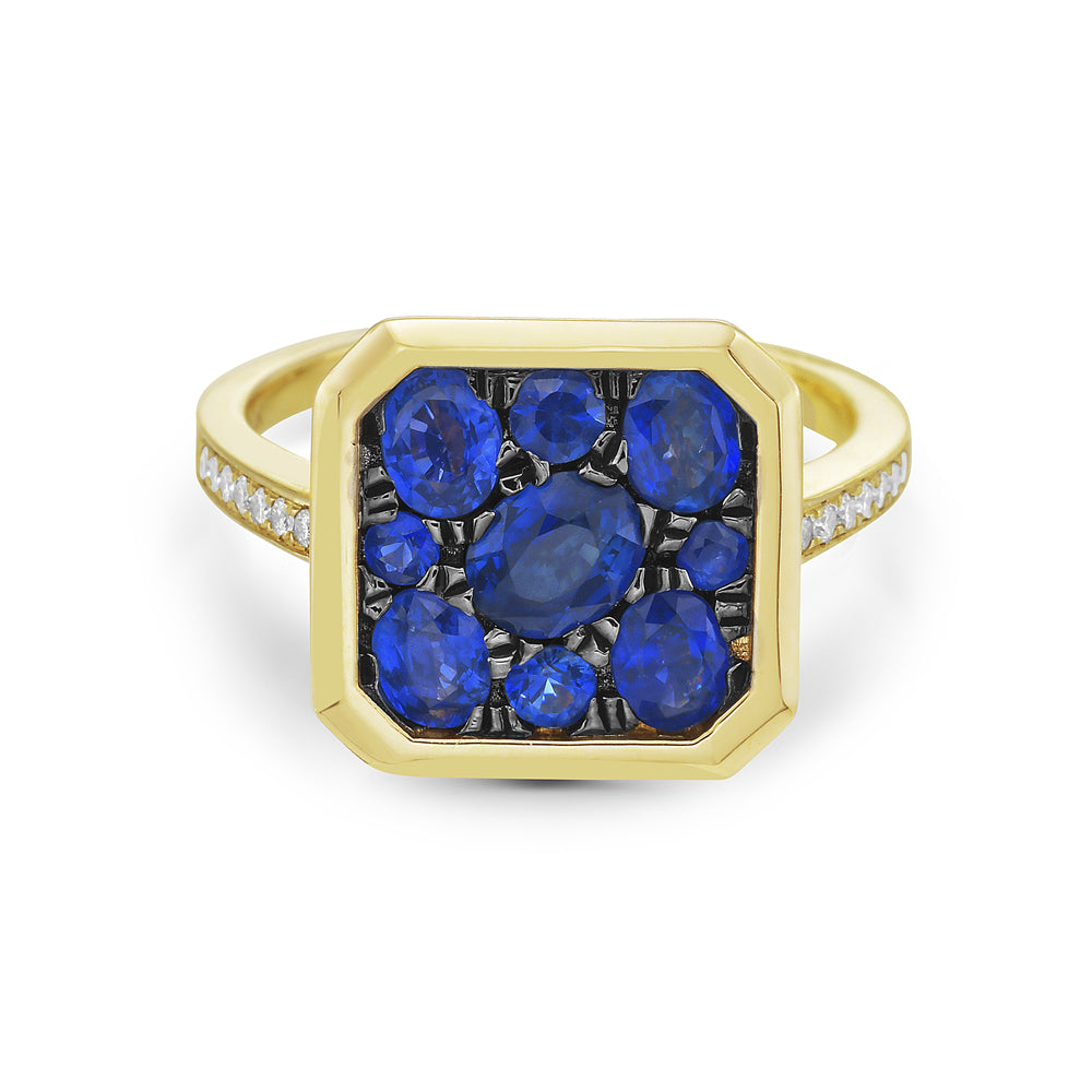 Octagonally Framed 14KY Ring with Sapphires and Diamonds