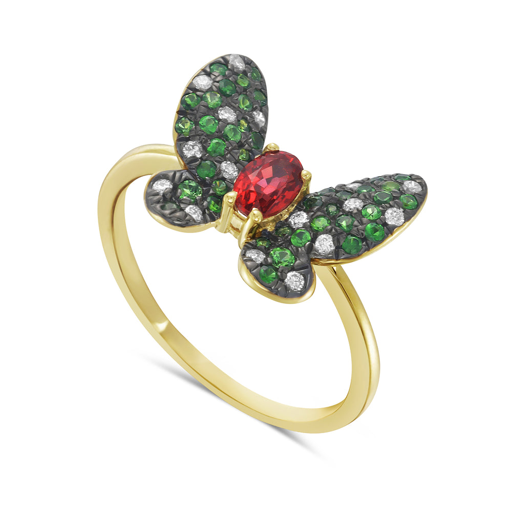 Gold Butterfly Ring in 14K Gold with Orange Sapphire, Green Garnets, & Diamonds