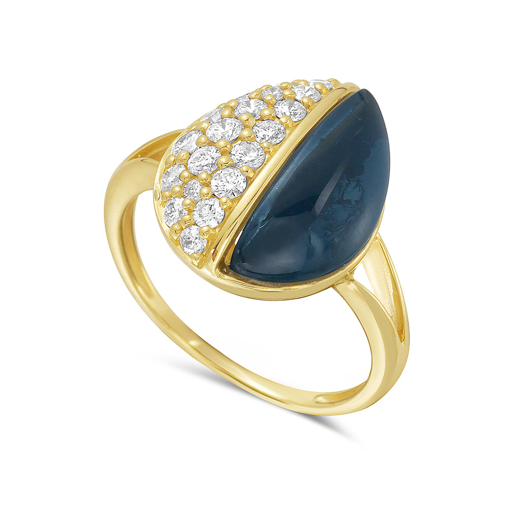 Pear Shaped Ring with Cabochon London Blue Topaz & Diamonds