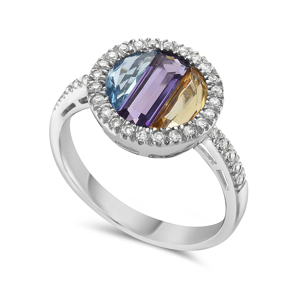 14K 12MM ROUND RING WITH 34 DIAMONDS 0.18CT, CITRINE 0.29CT, AMETHYST 0.64CT & BLUE TOPAZ 0.42CT