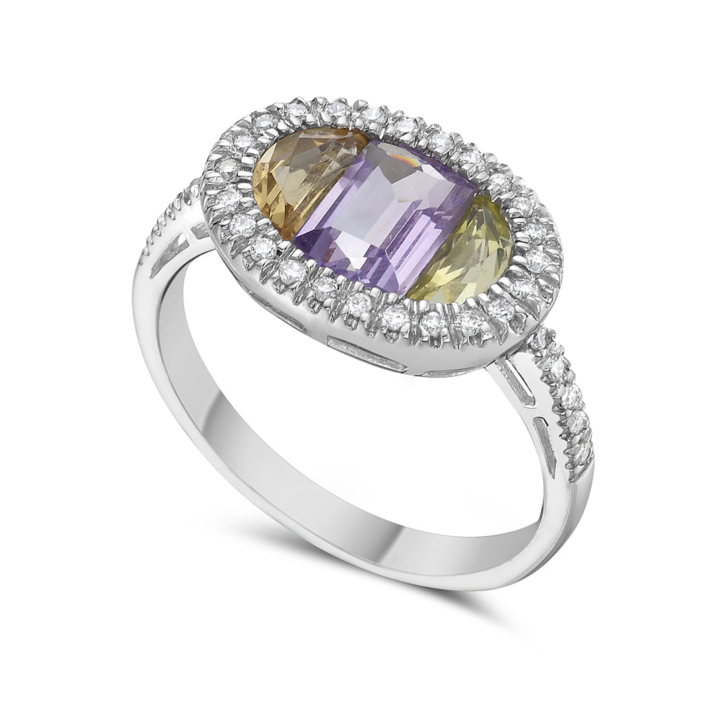 14K 14X10MM OVAL SHAPE RING WITH 34 DIAMONDS 0.19C, CITRINE 0.29CT, PINK AMETHYST 0.88CT & LIME QUARTZ 0.28CT