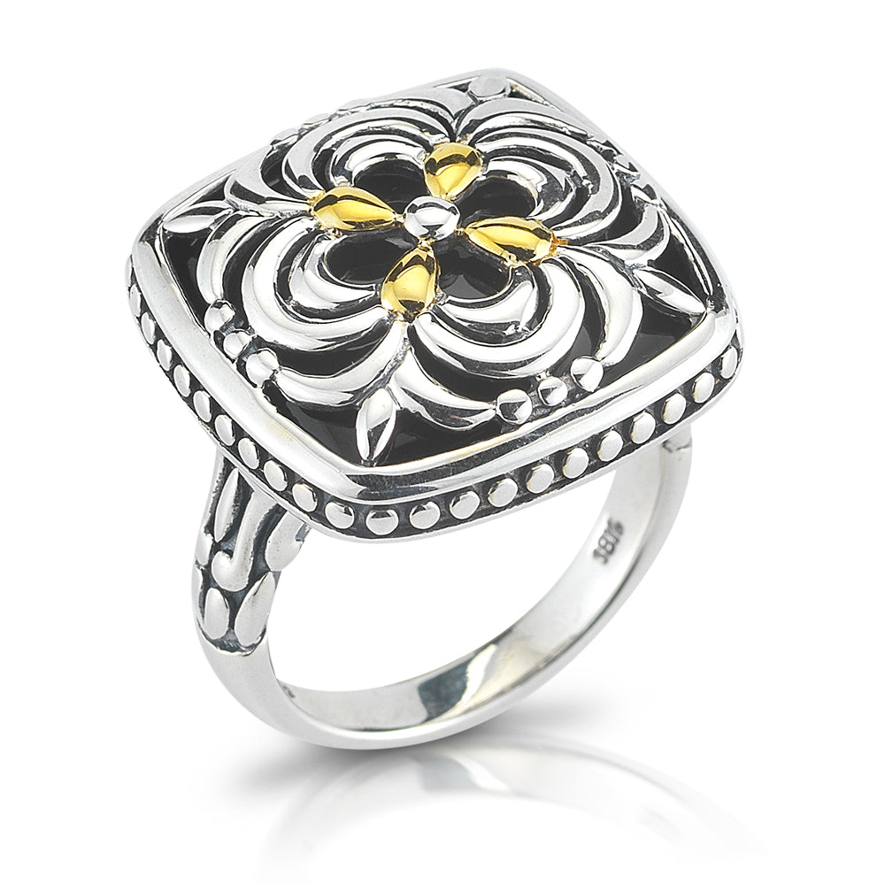 FLOWER SHAPE SQUARE SILVER RING  WITH 18K ACCENTS AND  BLACK ONYX SURFACE