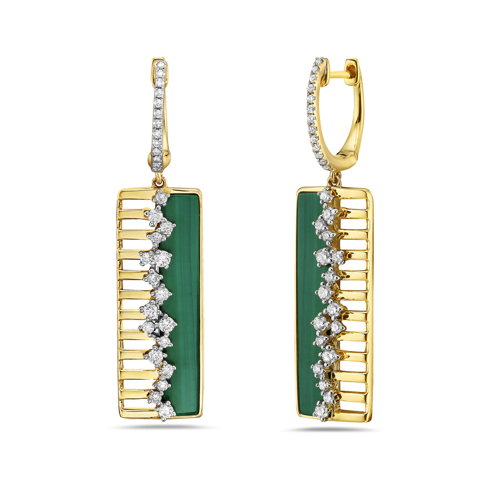 14K 25X9MM RECTANGULAR EARRINGS WITH 60 DIAMONDS 0.53CT & 2 MALACHITE STONES
