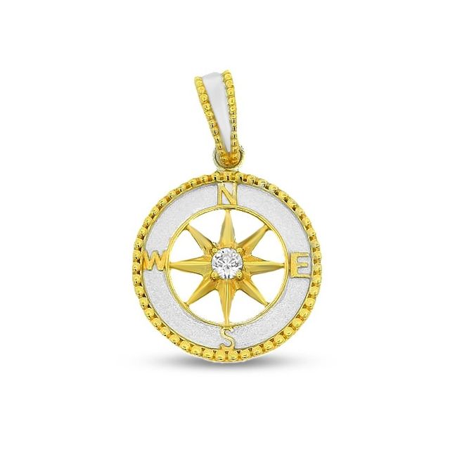 30mm x 19mm sterling silver with gold plating compass pendant with cz center