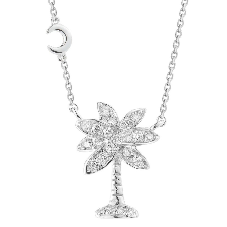 14K PALMETTO TREE NECKLACE WITH 22 DIAMONDS 0.12CT AND SMALL CRESCENT MOON DETAIL ON 18 INCHES CABLE CHAIN