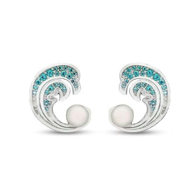 14mm x 10mm Sterling silver wave earrings with blue and white colored stones and faux pearl
