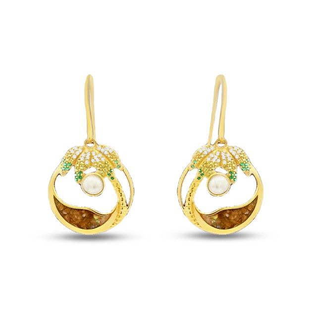 18mm x 17mm gold plated sterling silver palm tree on a beach earring green and white stones and faux pearl