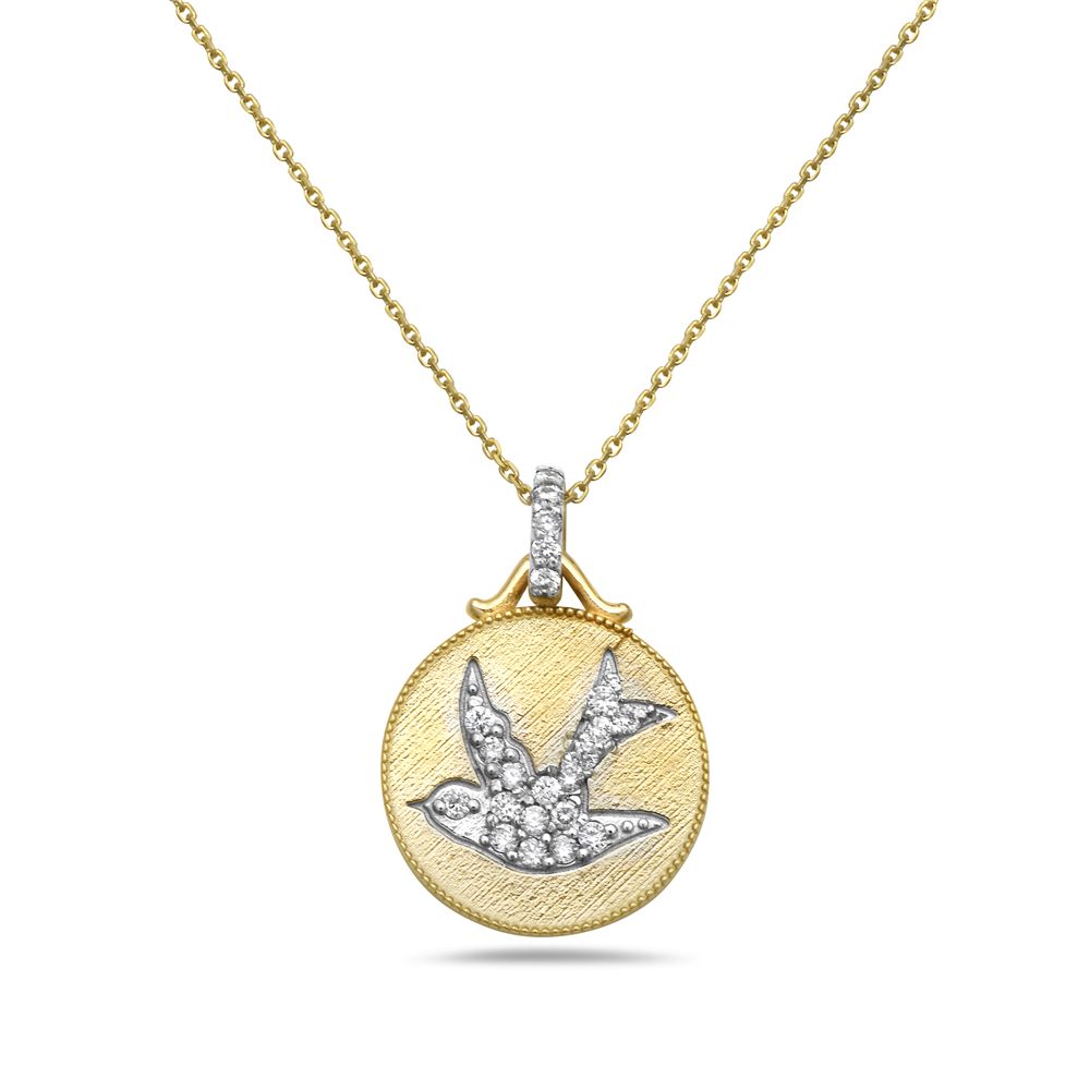 14K DOVE DISK PENDANT WITH 22 DIAMONDS, 12MM ON 18 INCHES CABLE CHAIN