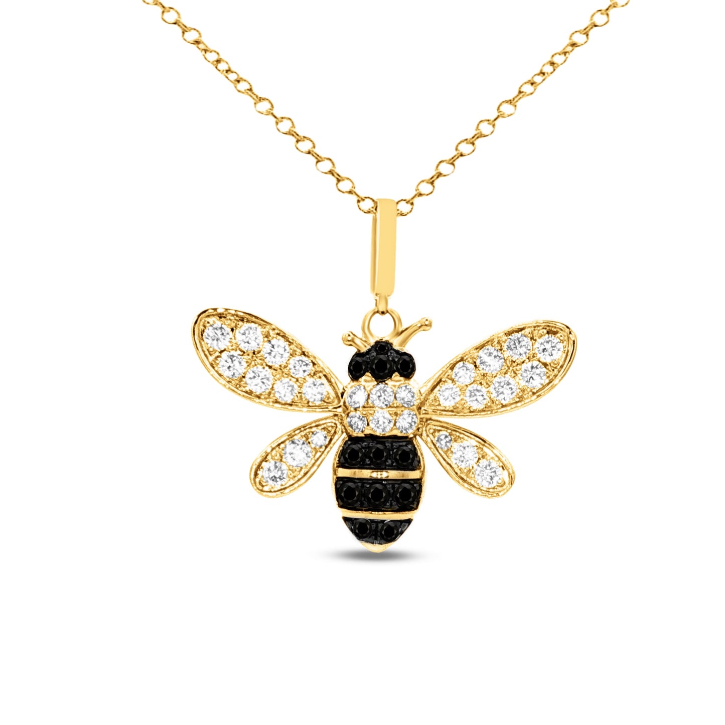 14k 23x9mm bee pendant with movable wings 28 diamonds 0.50ct & 12 black diamonds 0.21ct om 18 inches chain